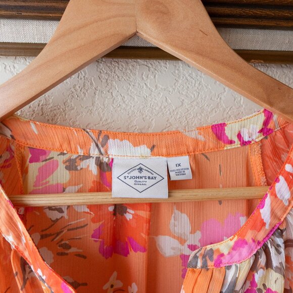 St. John’s Bay Blouse Size 1X Semi Sheer Orange Floral Top Boho Chic Shirt - Picture 2 of 6